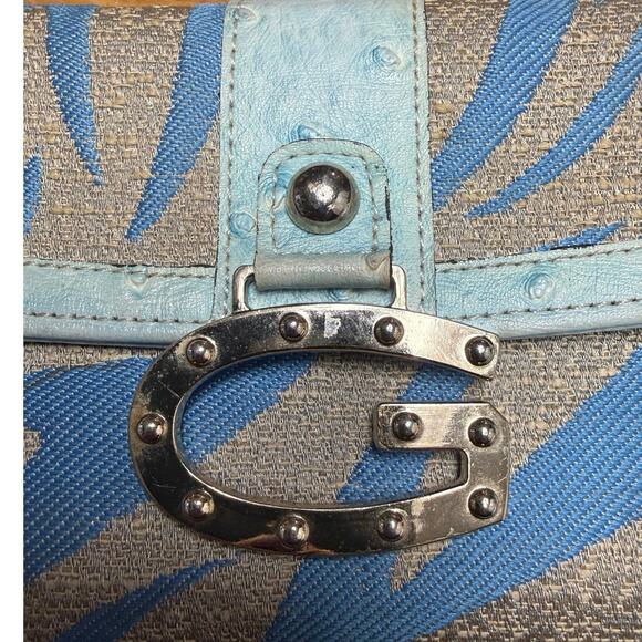 Vintage Y2K Guess Trifold Wallet Leather Canvas Blue Beige Zebra Stripe Retro - Picture 3 of 7